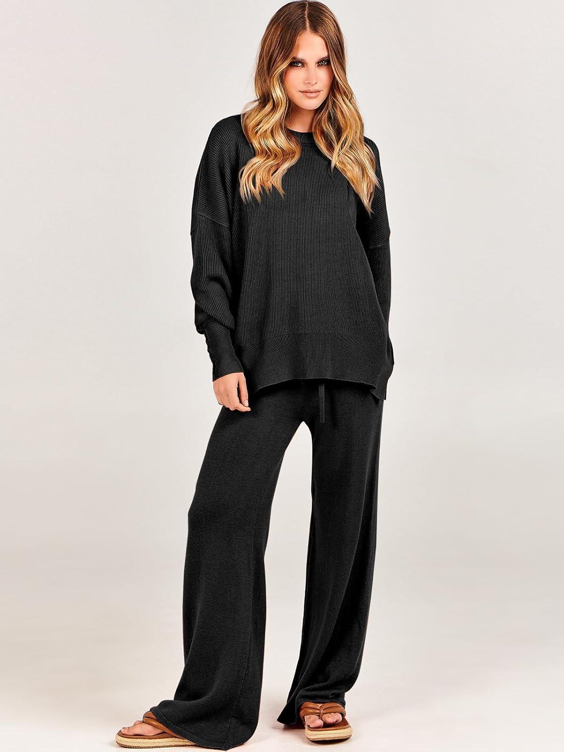 imageANRABESS Womens 2 Piece Outfits Fall Lounge Set 2025 Oversized Chunky Knit Sweater Top Wide Leg Pants Loungewear ClothesBlack