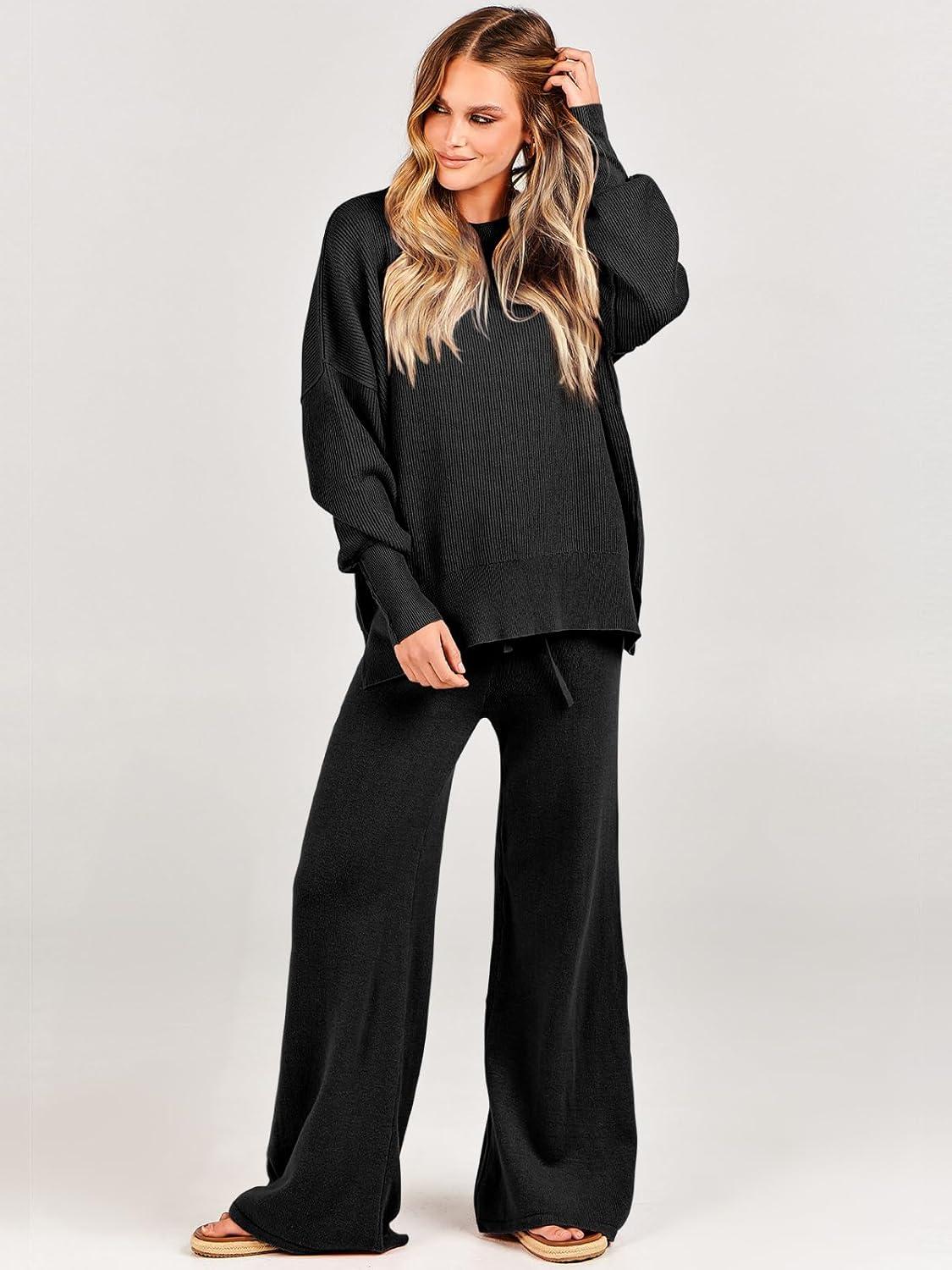 imageANRABESS Womens 2 Piece Outfits Fall Lounge Set 2025 Oversized Chunky Knit Sweater Top Wide Leg Pants Loungewear ClothesBlack