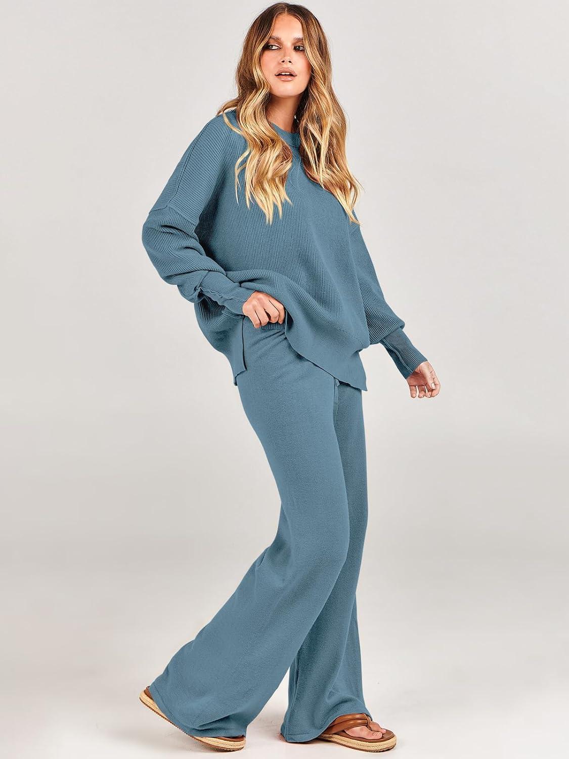 imageANRABESS Womens 2 Piece Outfits Fall Lounge Set 2025 Oversized Chunky Knit Sweater Top Wide Leg Pants Loungewear ClothesBlue