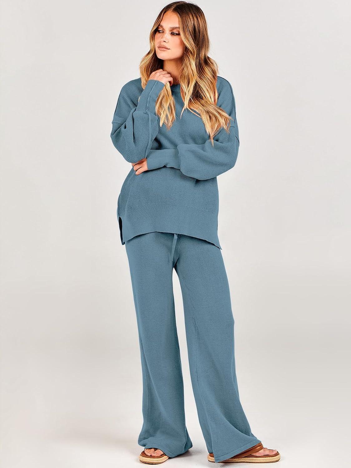imageANRABESS Womens 2 Piece Outfits Fall Lounge Set 2025 Oversized Chunky Knit Sweater Top Wide Leg Pants Loungewear ClothesBlue