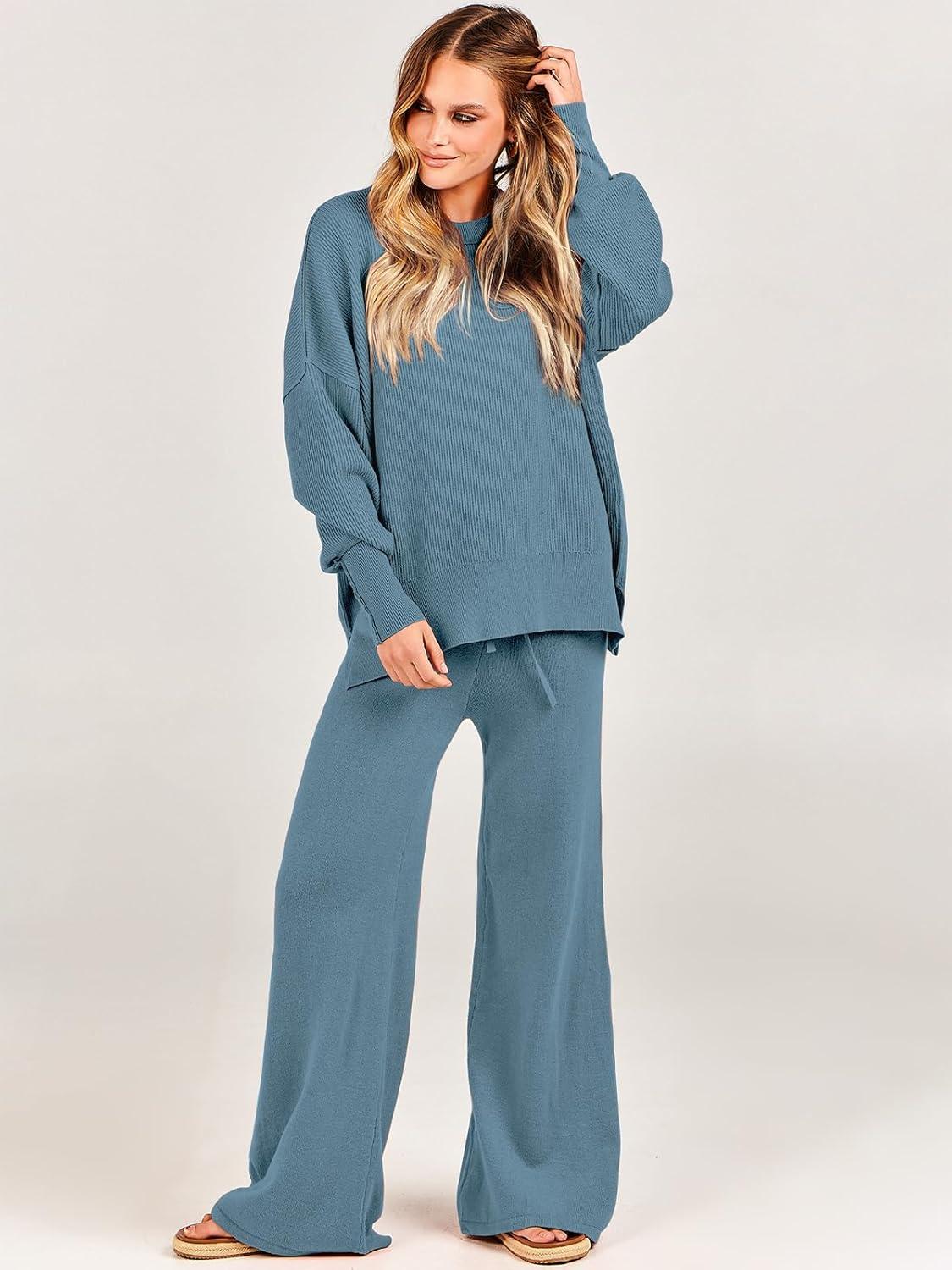imageANRABESS Womens 2 Piece Outfits Fall Lounge Set 2025 Oversized Chunky Knit Sweater Top Wide Leg Pants Loungewear ClothesBlue