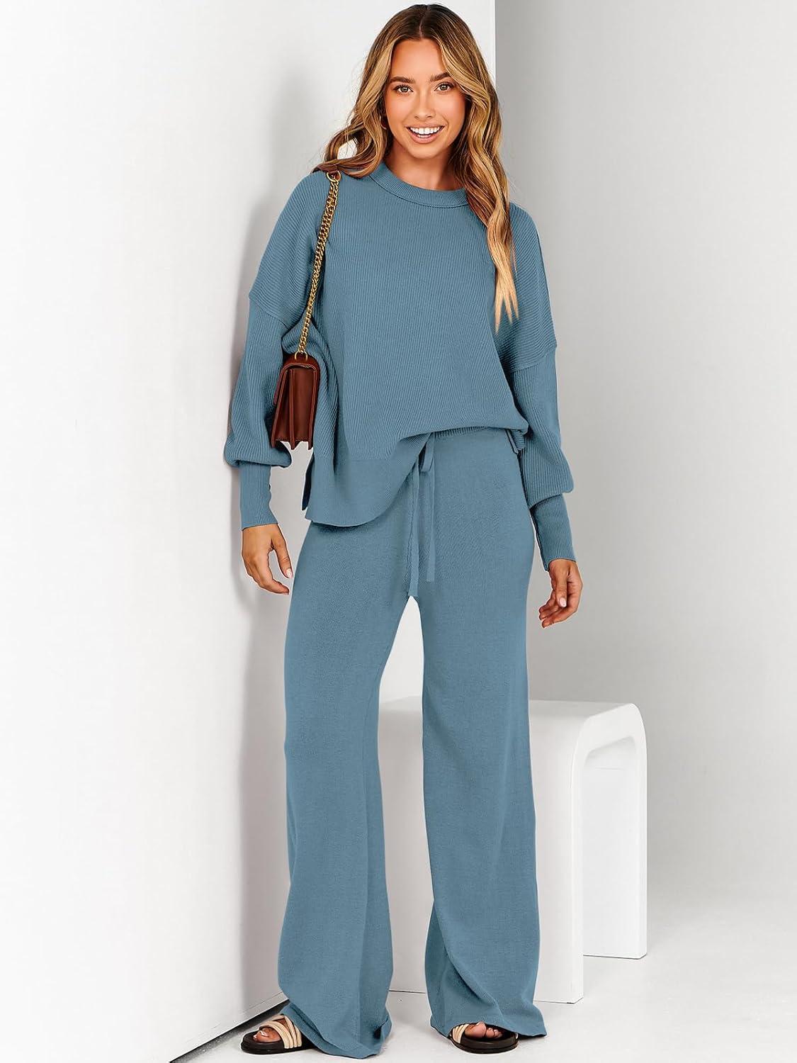 imageANRABESS Womens 2 Piece Outfits Fall Lounge Set 2025 Oversized Chunky Knit Sweater Top Wide Leg Pants Loungewear ClothesBlue