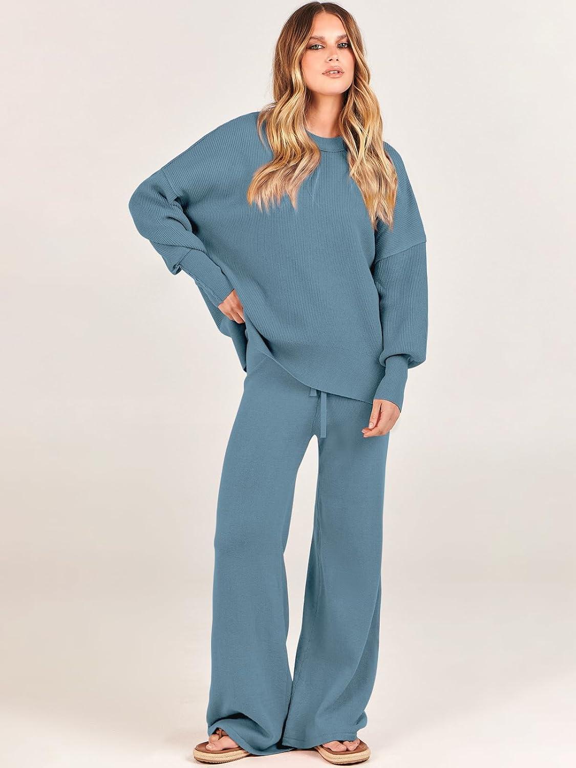 imageANRABESS Womens 2 Piece Outfits Fall Lounge Set 2025 Oversized Chunky Knit Sweater Top Wide Leg Pants Loungewear ClothesBlue