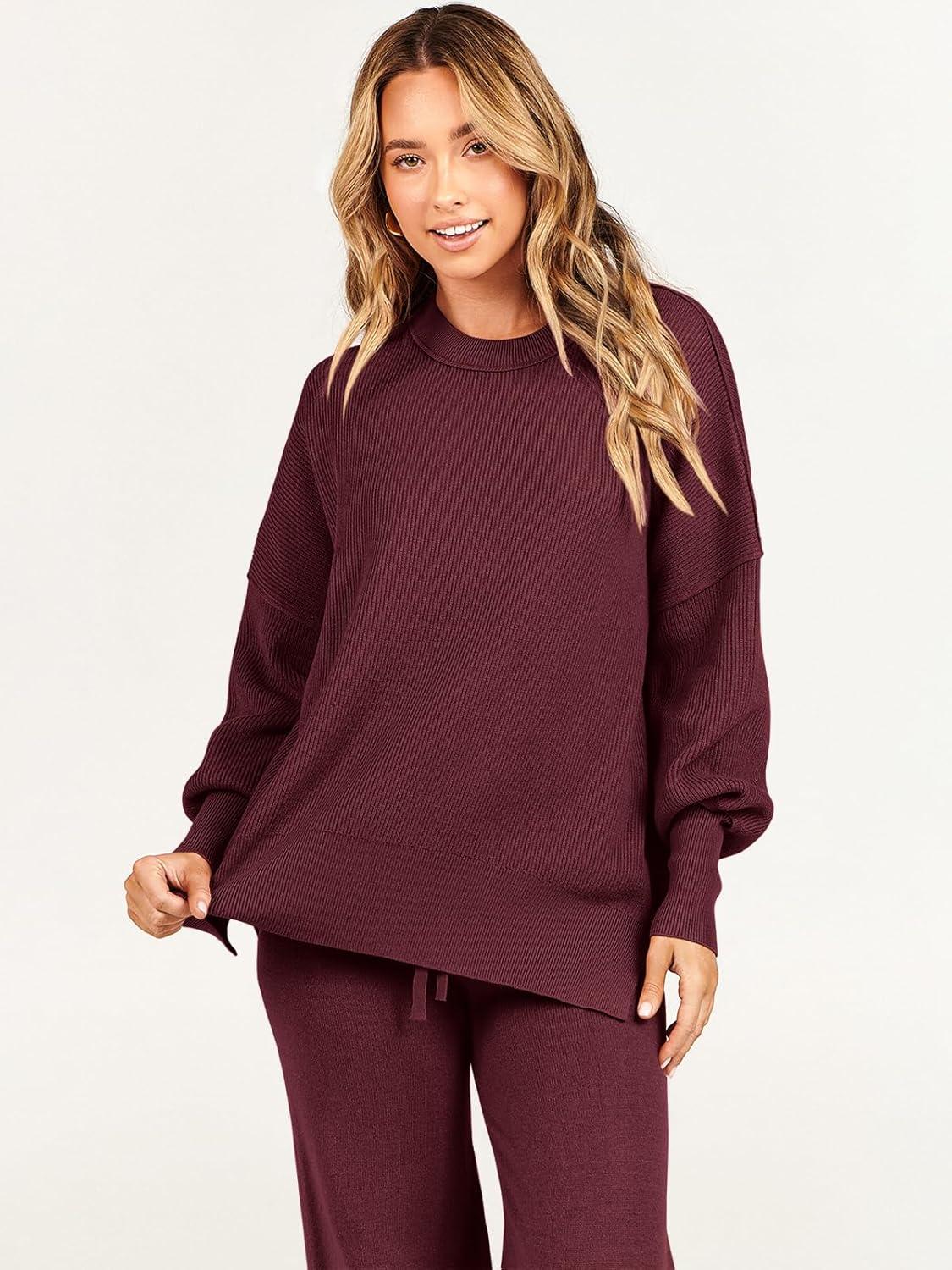 imageANRABESS Womens 2 Piece Outfits Fall Lounge Set 2025 Oversized Chunky Knit Sweater Top Wide Leg Pants Loungewear ClothesBurgundy