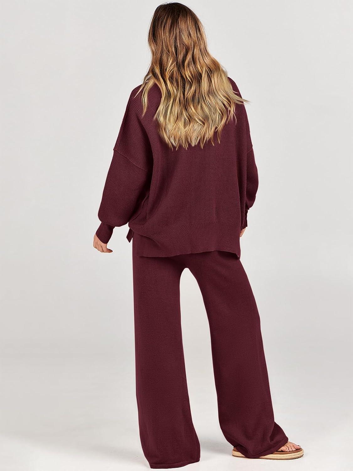 imageANRABESS Womens 2 Piece Outfits Fall Lounge Set 2025 Oversized Chunky Knit Sweater Top Wide Leg Pants Loungewear ClothesBurgundy