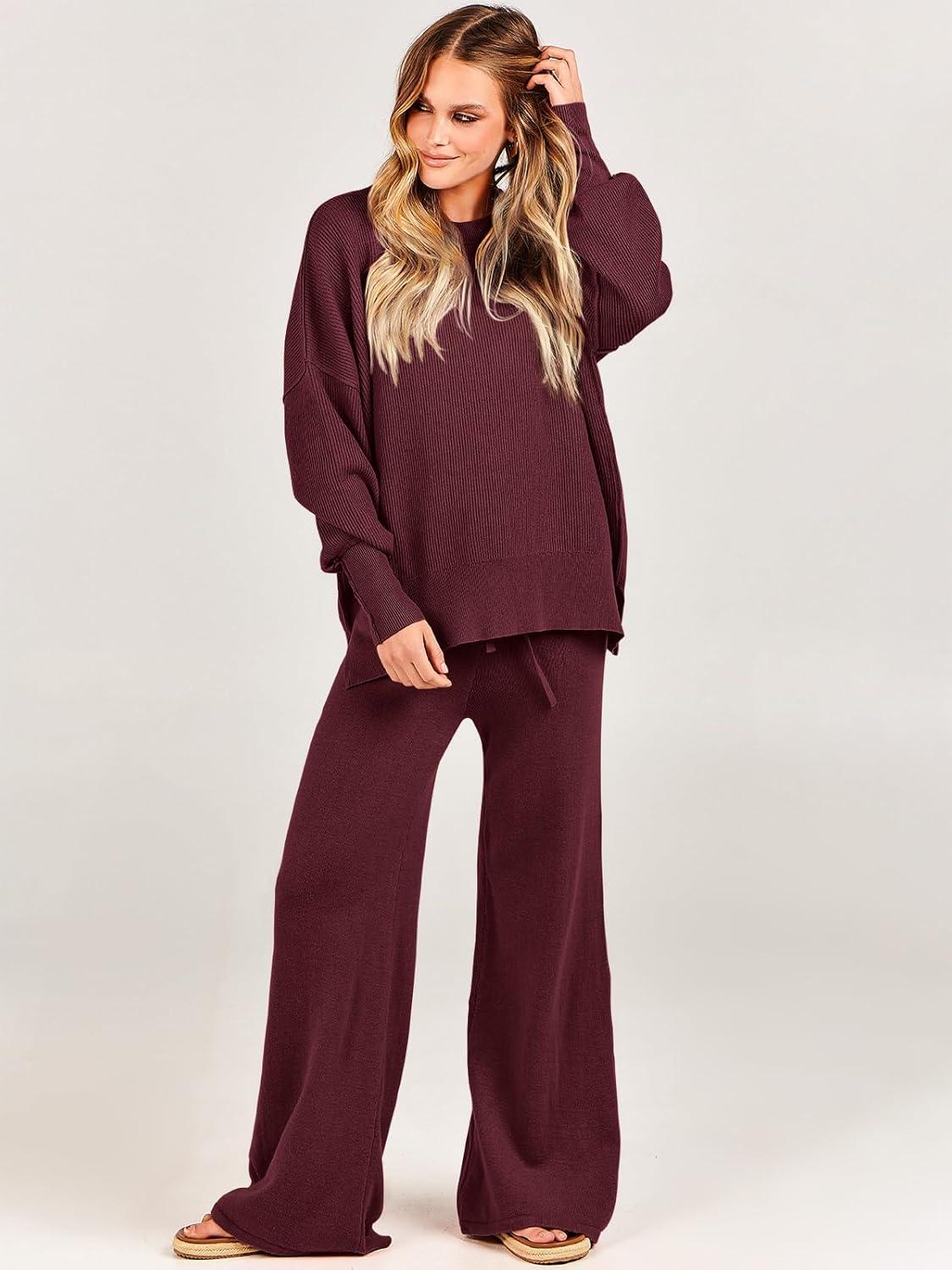 imageANRABESS Womens 2 Piece Outfits Fall Lounge Set 2025 Oversized Chunky Knit Sweater Top Wide Leg Pants Loungewear ClothesBurgundy