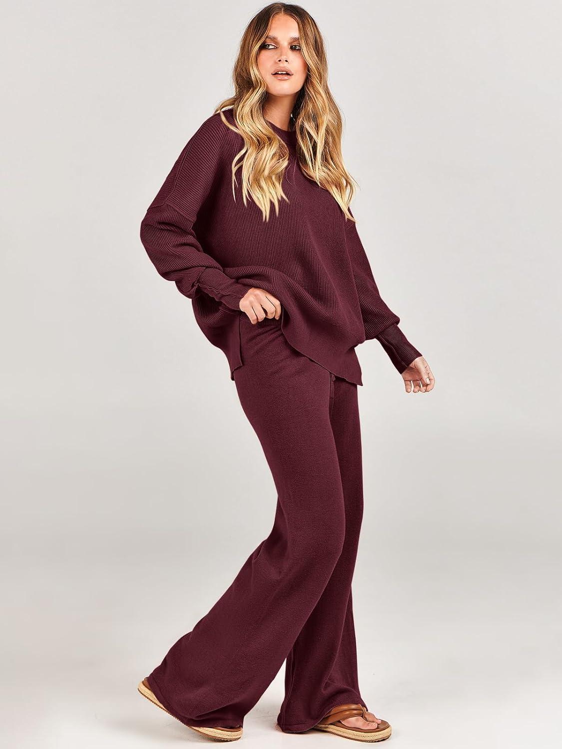 imageANRABESS Womens 2 Piece Outfits Fall Lounge Set 2025 Oversized Chunky Knit Sweater Top Wide Leg Pants Loungewear ClothesBurgundy