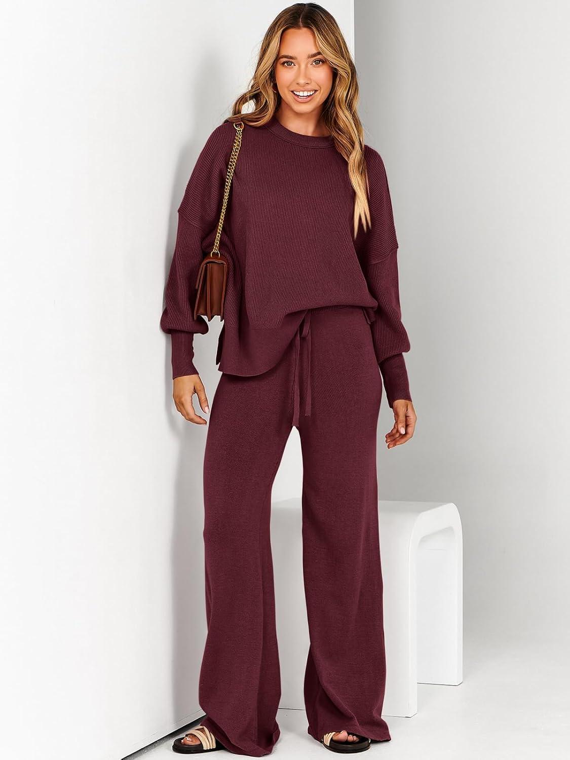 imageANRABESS Womens 2 Piece Outfits Fall Lounge Set 2025 Oversized Chunky Knit Sweater Top Wide Leg Pants Loungewear ClothesBurgundy