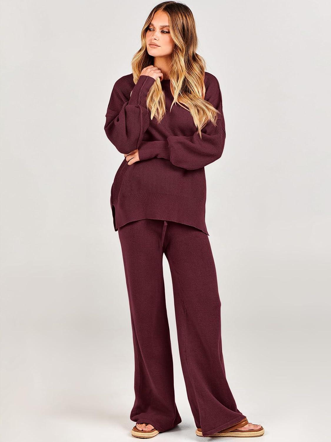 imageANRABESS Womens 2 Piece Outfits Fall Lounge Set 2025 Oversized Chunky Knit Sweater Top Wide Leg Pants Loungewear ClothesBurgundy