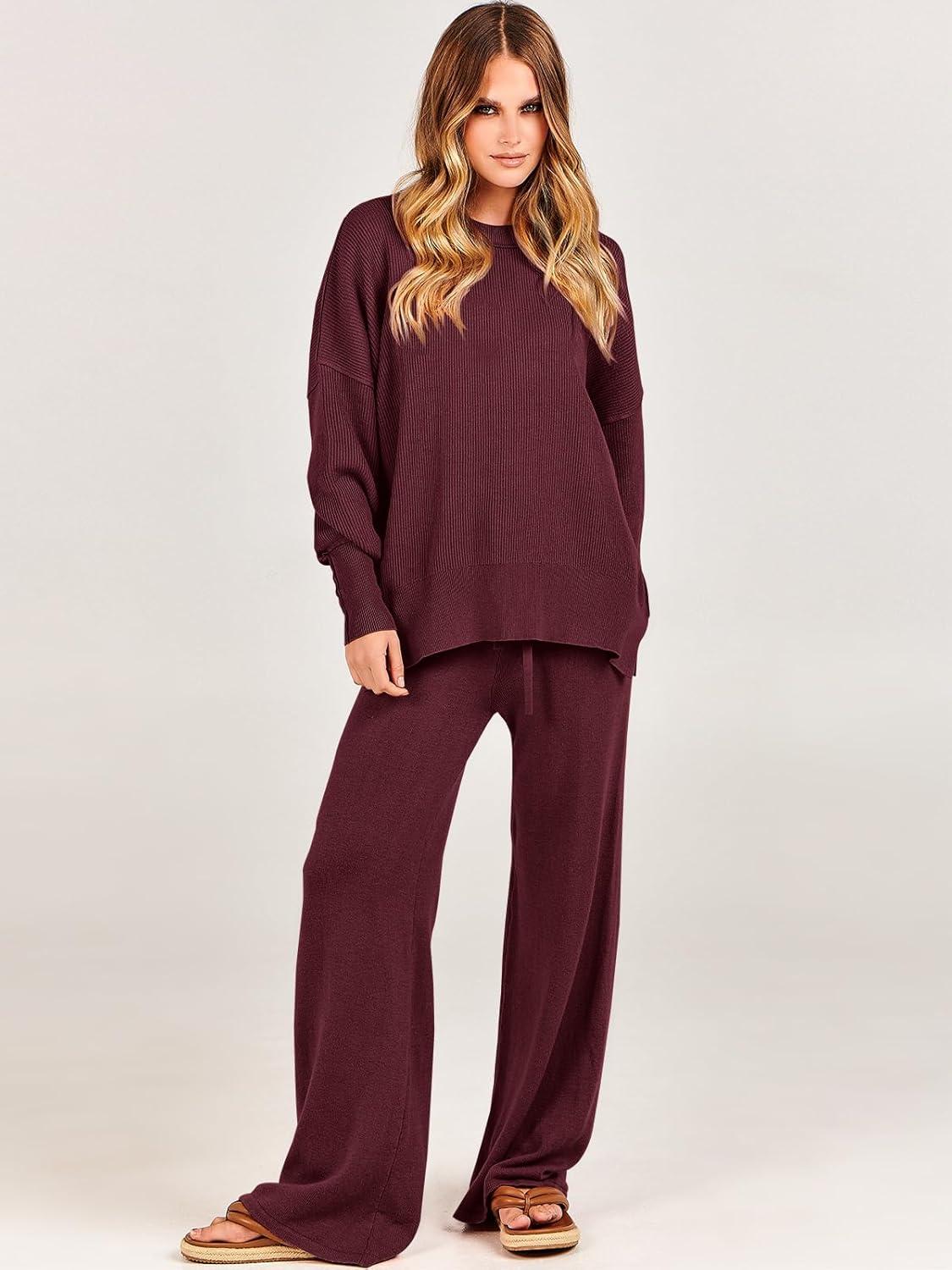 imageANRABESS Womens 2 Piece Outfits Fall Lounge Set 2025 Oversized Chunky Knit Sweater Top Wide Leg Pants Loungewear ClothesBurgundy