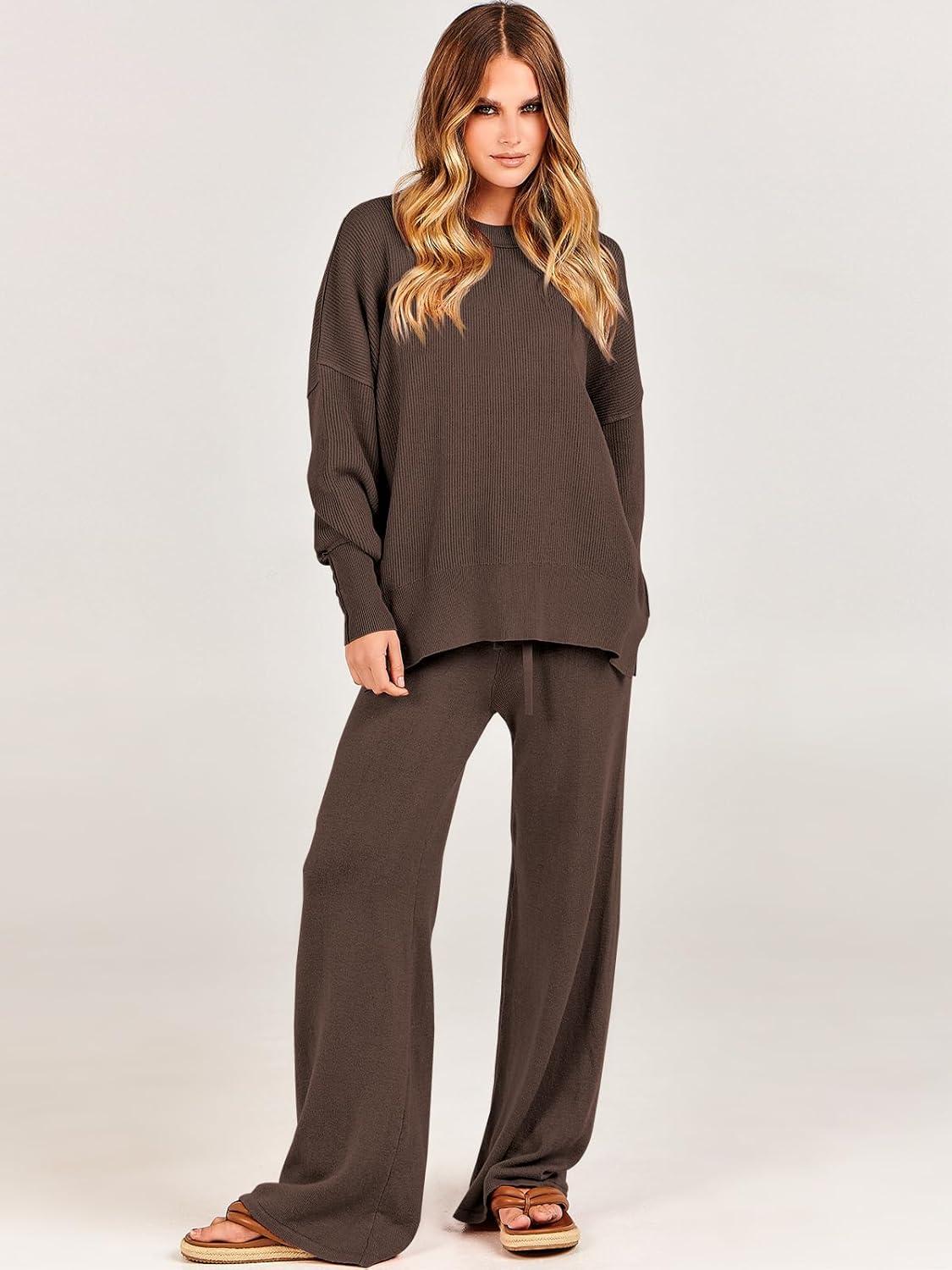 imageANRABESS Womens 2 Piece Outfits Fall Lounge Set 2025 Oversized Chunky Knit Sweater Top Wide Leg Pants Loungewear ClothesCoffee