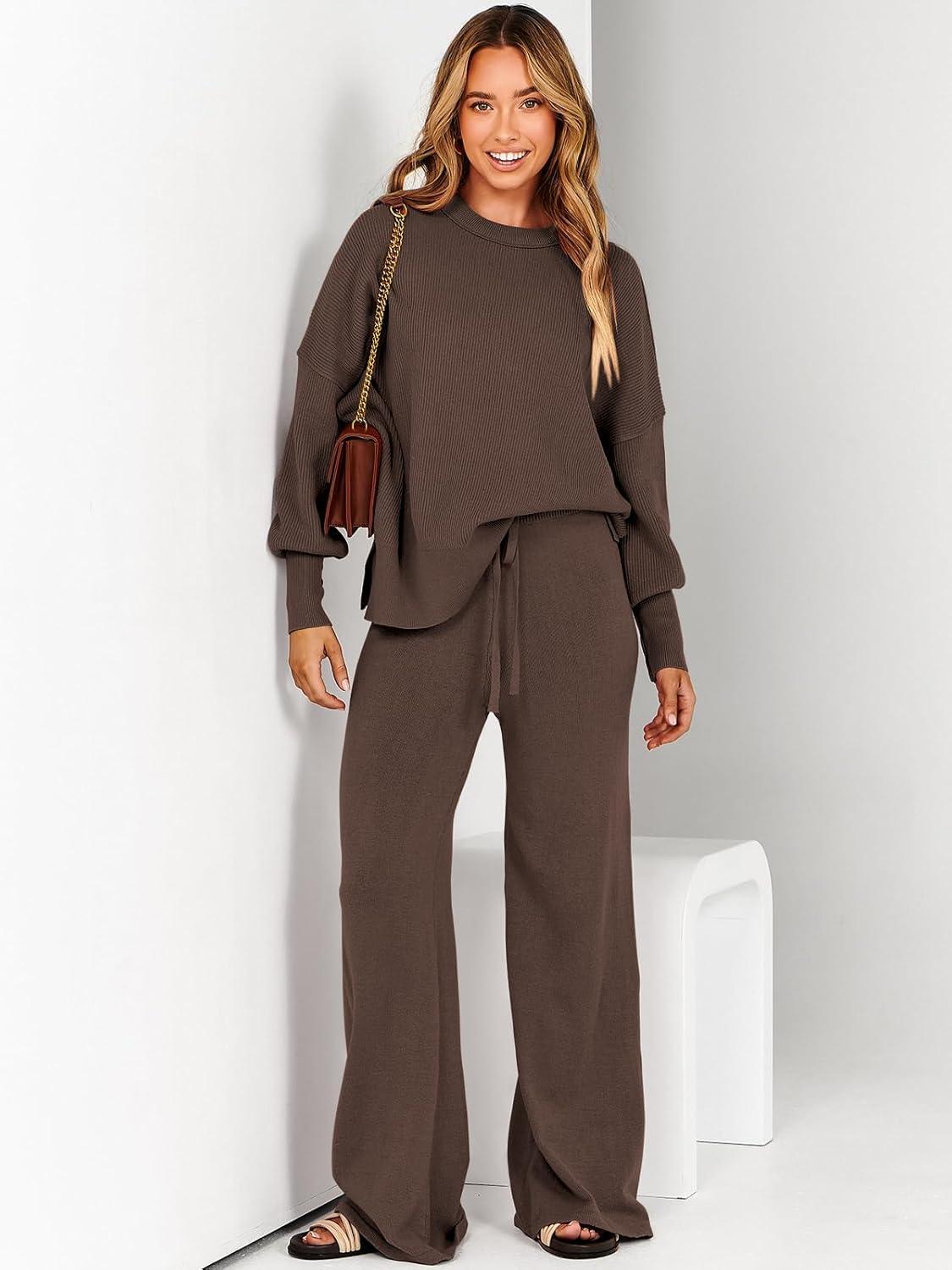 imageANRABESS Womens 2 Piece Outfits Fall Lounge Set 2025 Oversized Chunky Knit Sweater Top Wide Leg Pants Loungewear ClothesCoffee