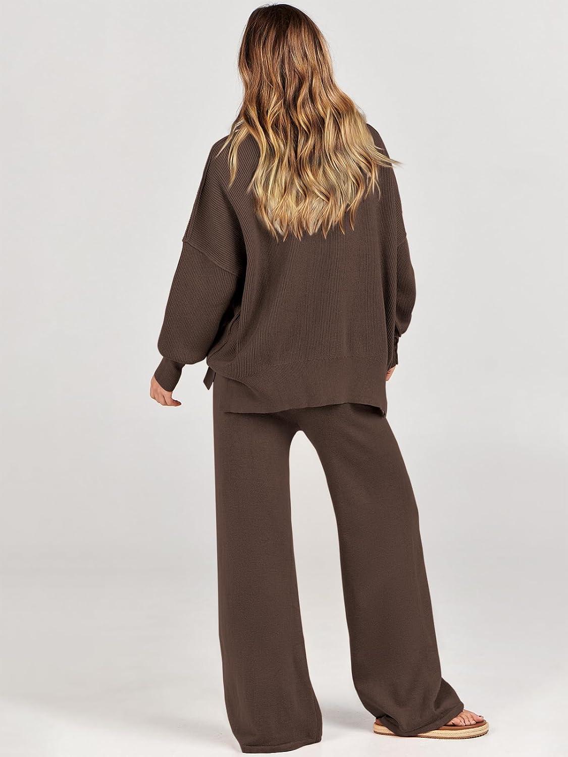 imageANRABESS Womens 2 Piece Outfits Fall Lounge Set 2025 Oversized Chunky Knit Sweater Top Wide Leg Pants Loungewear ClothesCoffee