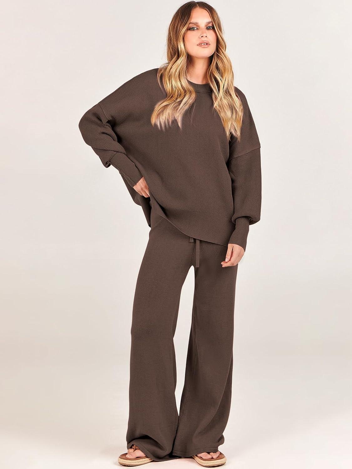 imageANRABESS Womens 2 Piece Outfits Fall Lounge Set 2025 Oversized Chunky Knit Sweater Top Wide Leg Pants Loungewear ClothesCoffee