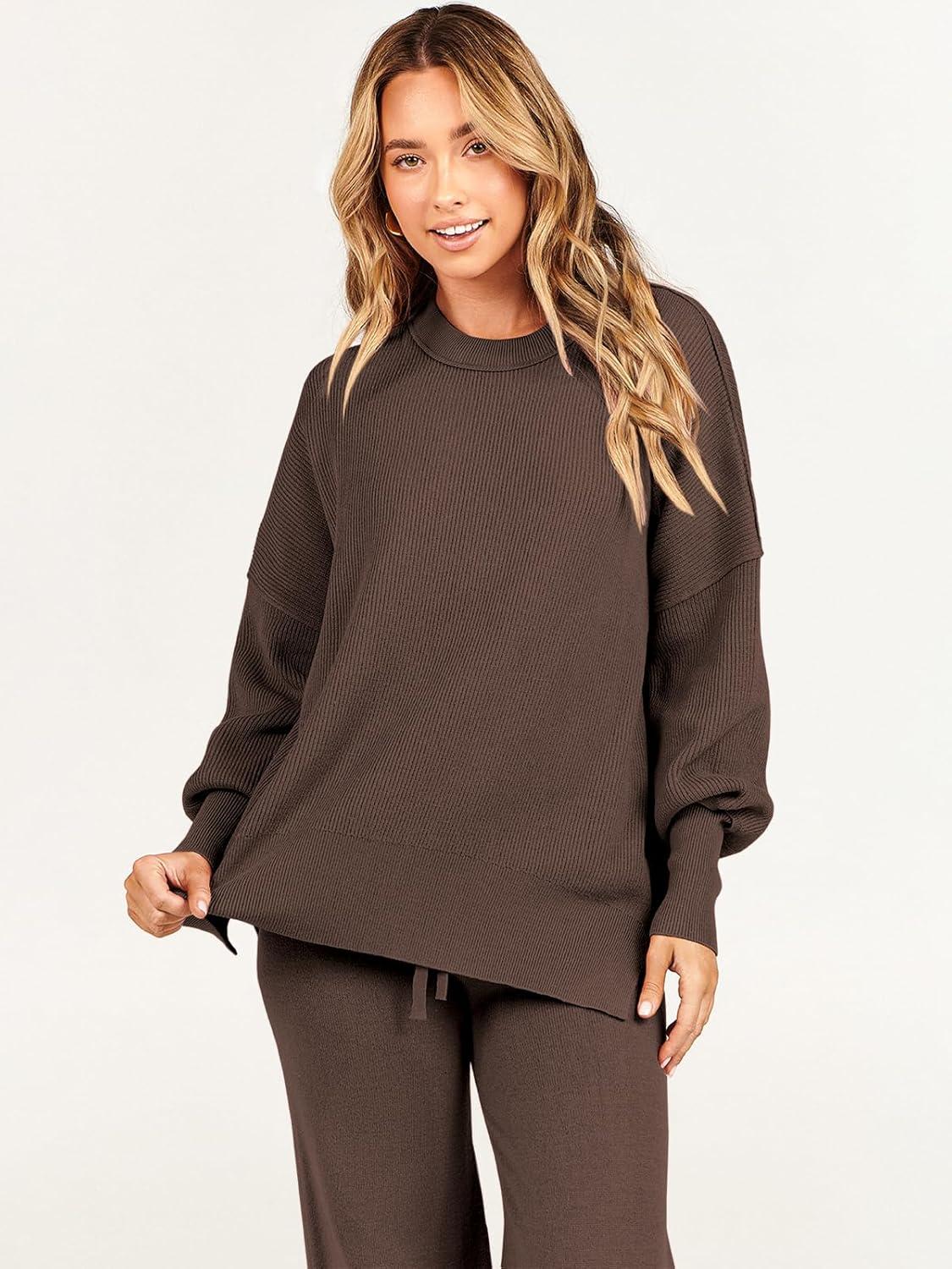 imageANRABESS Womens 2 Piece Outfits Fall Lounge Set 2025 Oversized Chunky Knit Sweater Top Wide Leg Pants Loungewear ClothesCoffee