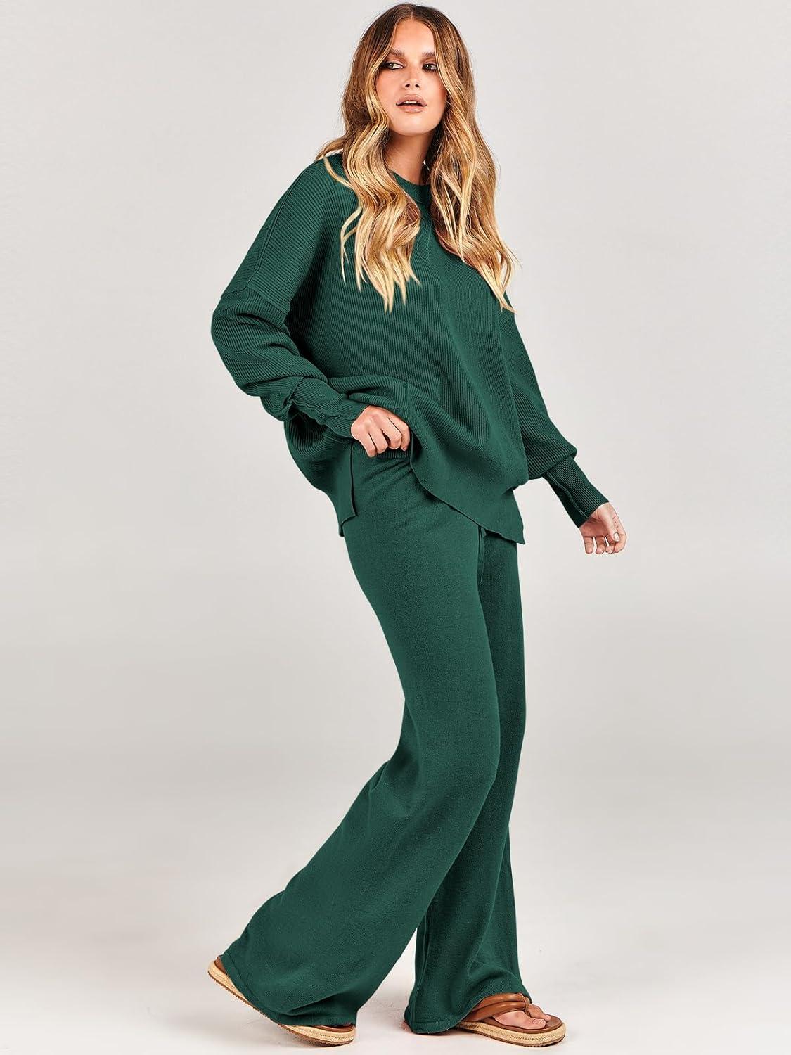 imageANRABESS Womens 2 Piece Outfits Fall Lounge Set 2025 Oversized Chunky Knit Sweater Top Wide Leg Pants Loungewear ClothesDark Green