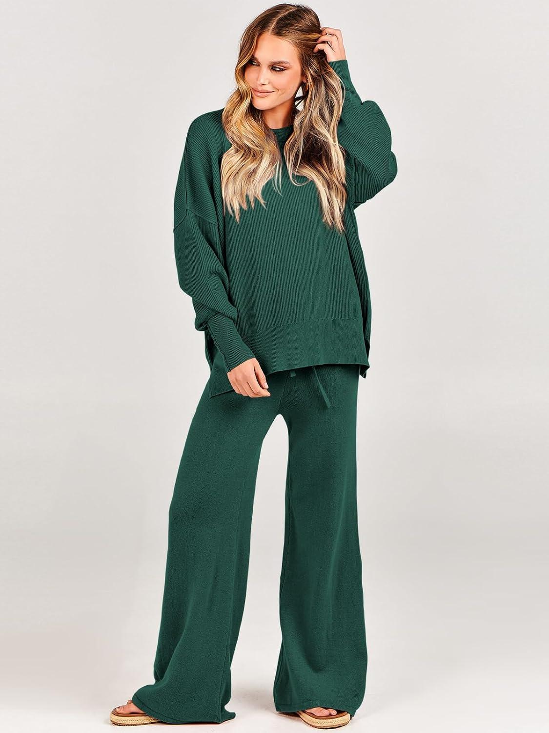 imageANRABESS Womens 2 Piece Outfits Fall Lounge Set 2025 Oversized Chunky Knit Sweater Top Wide Leg Pants Loungewear ClothesDark Green