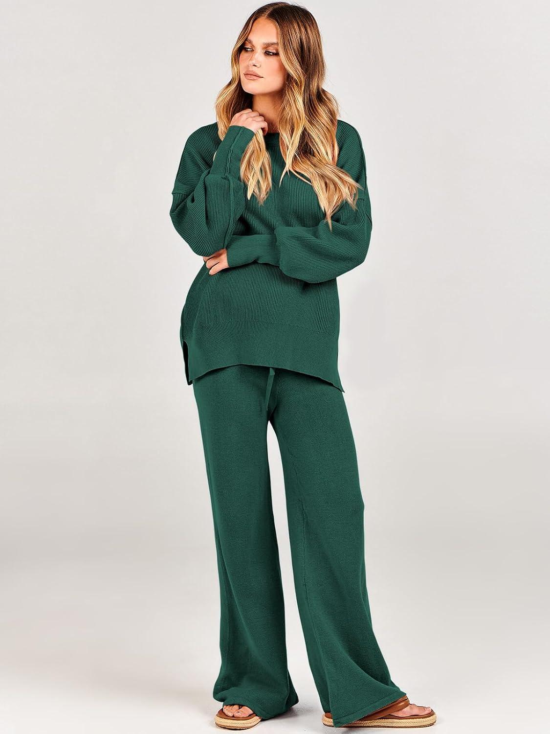 imageANRABESS Womens 2 Piece Outfits Fall Lounge Set 2025 Oversized Chunky Knit Sweater Top Wide Leg Pants Loungewear ClothesDark Green