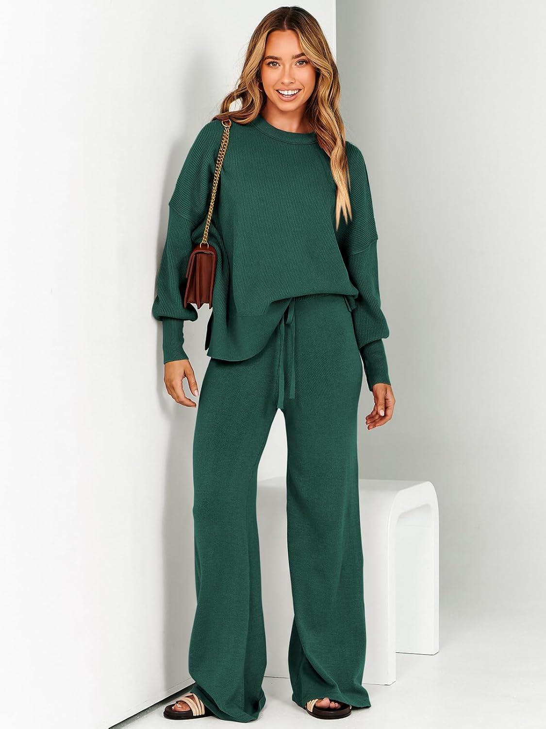 imageANRABESS Womens 2 Piece Outfits Fall Lounge Set 2025 Oversized Chunky Knit Sweater Top Wide Leg Pants Loungewear ClothesDark Green