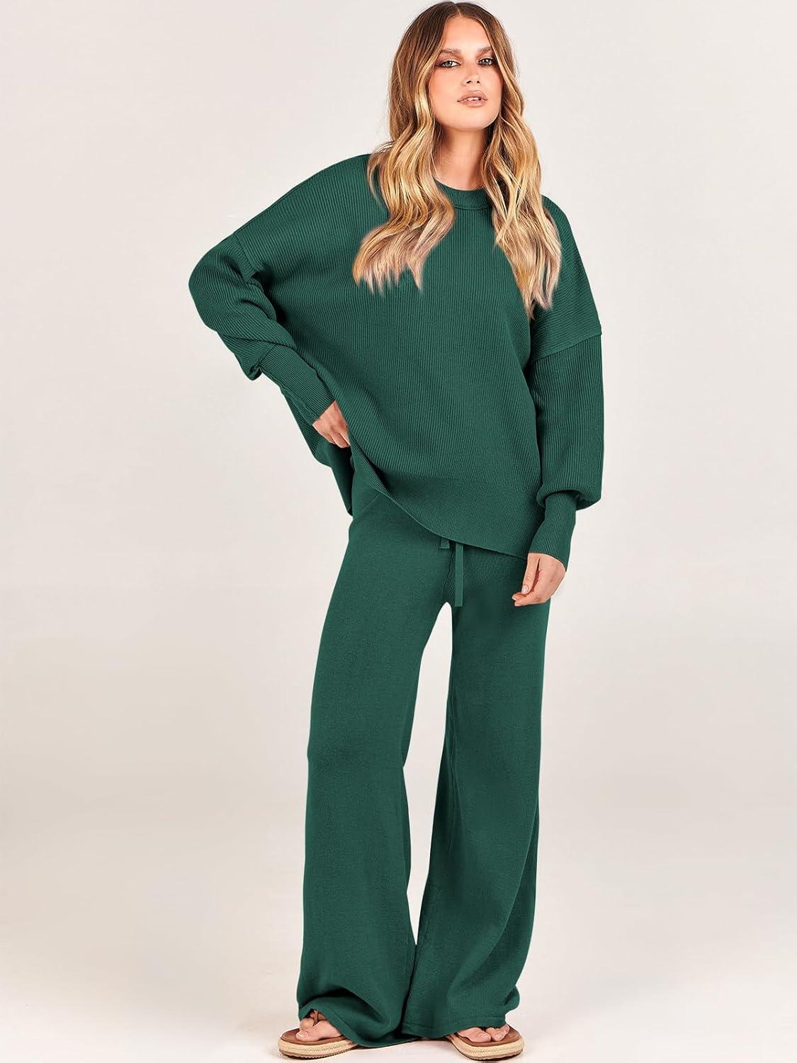 imageANRABESS Womens 2 Piece Outfits Fall Lounge Set 2025 Oversized Chunky Knit Sweater Top Wide Leg Pants Loungewear ClothesDark Green