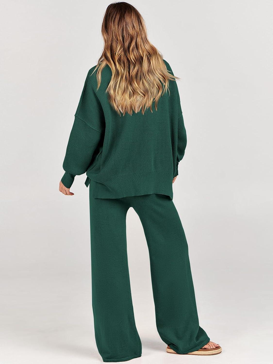 imageANRABESS Womens 2 Piece Outfits Fall Lounge Set 2025 Oversized Chunky Knit Sweater Top Wide Leg Pants Loungewear ClothesDark Green