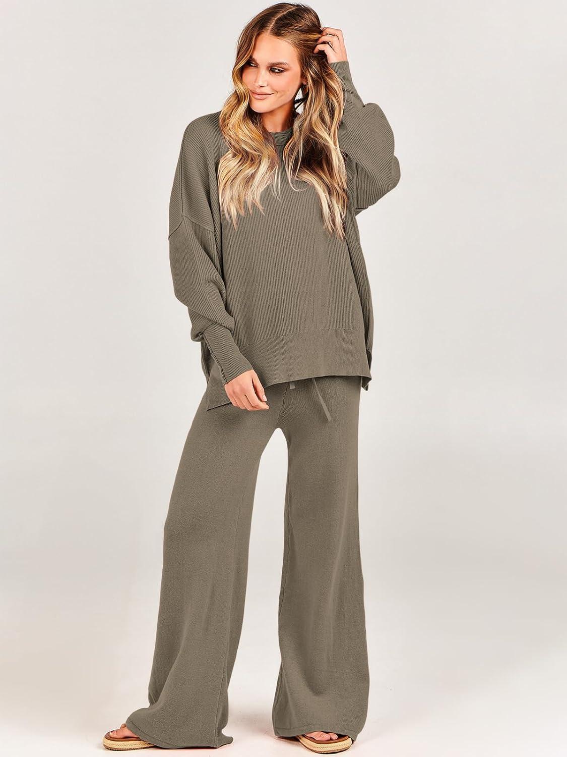 imageANRABESS Womens 2 Piece Outfits Fall Lounge Set 2025 Oversized Chunky Knit Sweater Top Wide Leg Pants Loungewear ClothesDeep Apricot