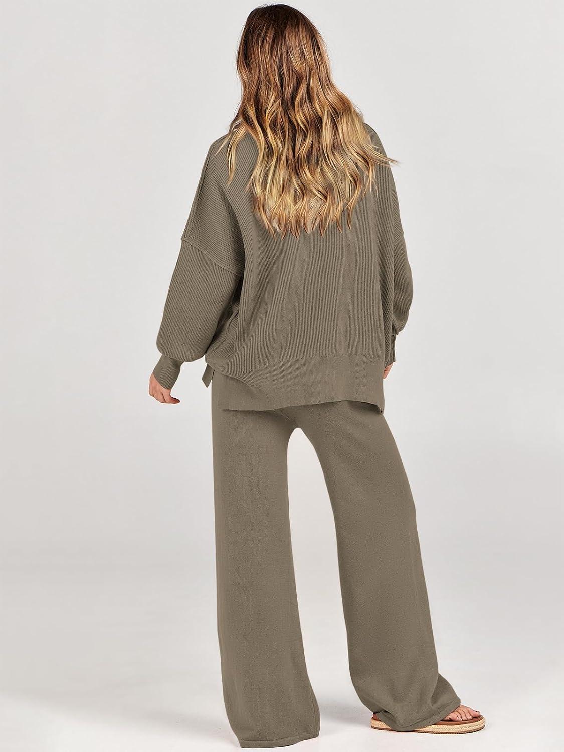 imageANRABESS Womens 2 Piece Outfits Fall Lounge Set 2025 Oversized Chunky Knit Sweater Top Wide Leg Pants Loungewear ClothesDeep Apricot