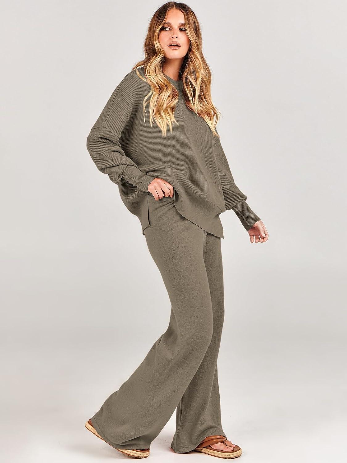 imageANRABESS Womens 2 Piece Outfits Fall Lounge Set 2025 Oversized Chunky Knit Sweater Top Wide Leg Pants Loungewear ClothesDeep Apricot
