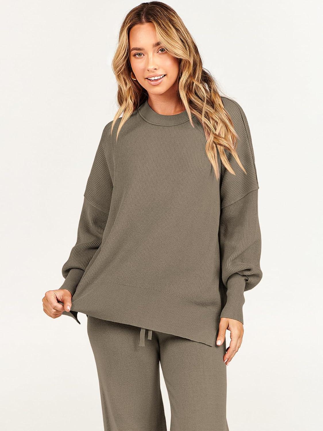 imageANRABESS Womens 2 Piece Outfits Fall Lounge Set 2025 Oversized Chunky Knit Sweater Top Wide Leg Pants Loungewear ClothesDeep Apricot