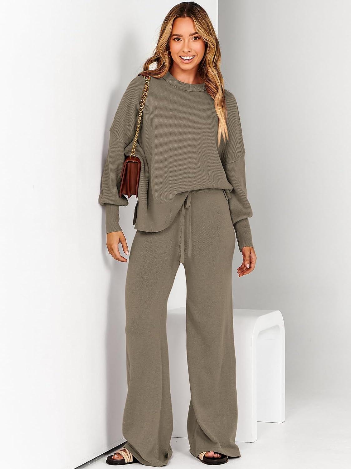 imageANRABESS Womens 2 Piece Outfits Fall Lounge Set 2025 Oversized Chunky Knit Sweater Top Wide Leg Pants Loungewear ClothesDeep Apricot