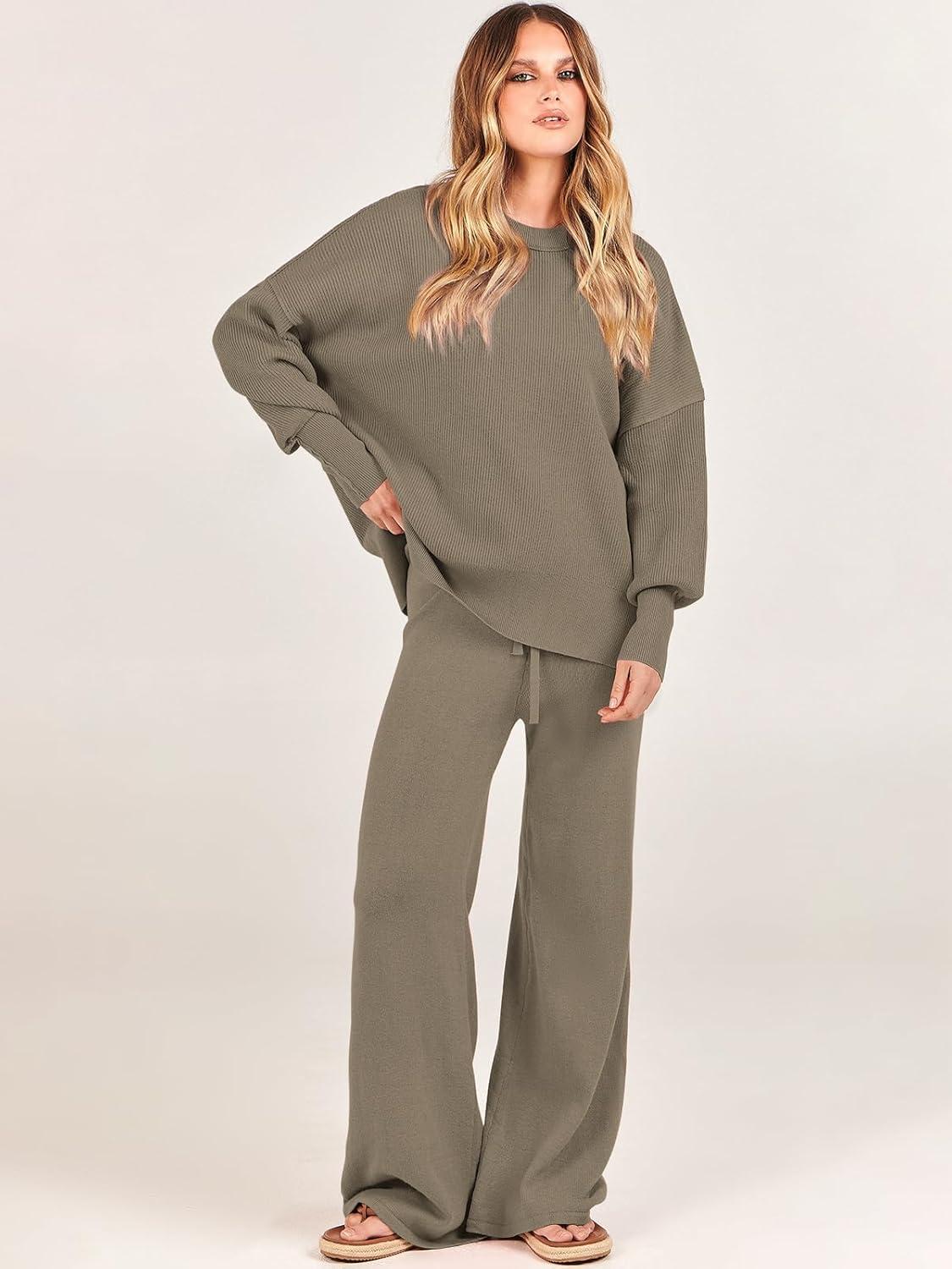 imageANRABESS Womens 2 Piece Outfits Fall Lounge Set 2025 Oversized Chunky Knit Sweater Top Wide Leg Pants Loungewear ClothesDeep Apricot