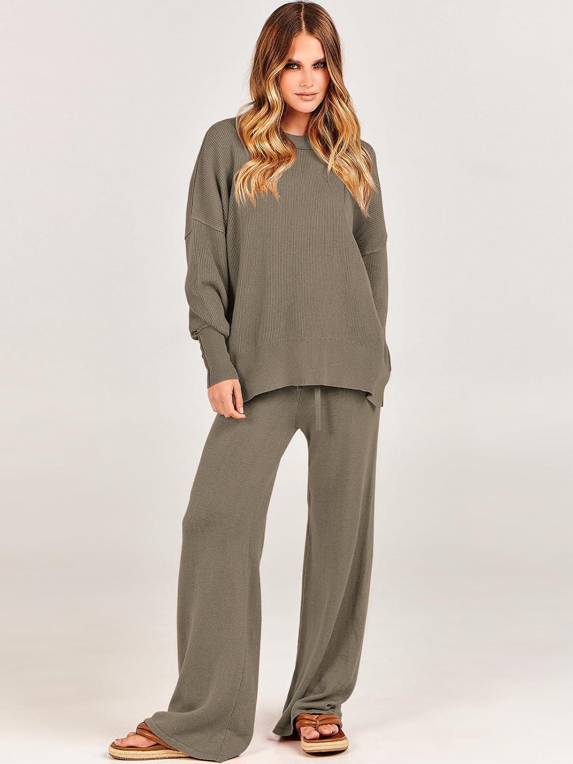 imageANRABESS Womens 2 Piece Outfits Fall Lounge Set 2025 Oversized Chunky Knit Sweater Top Wide Leg Pants Loungewear ClothesDeep Apricot