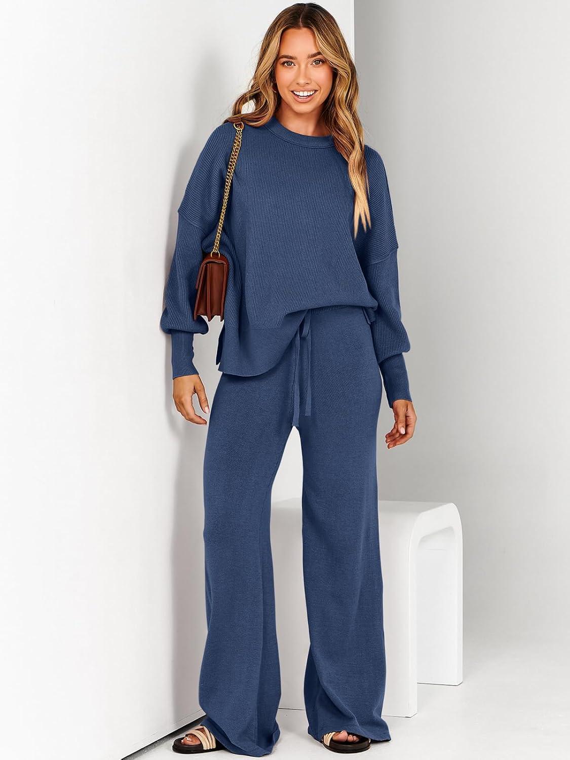 imageANRABESS Womens 2 Piece Outfits Fall Lounge Set 2025 Oversized Chunky Knit Sweater Top Wide Leg Pants Loungewear ClothesDusty Blue