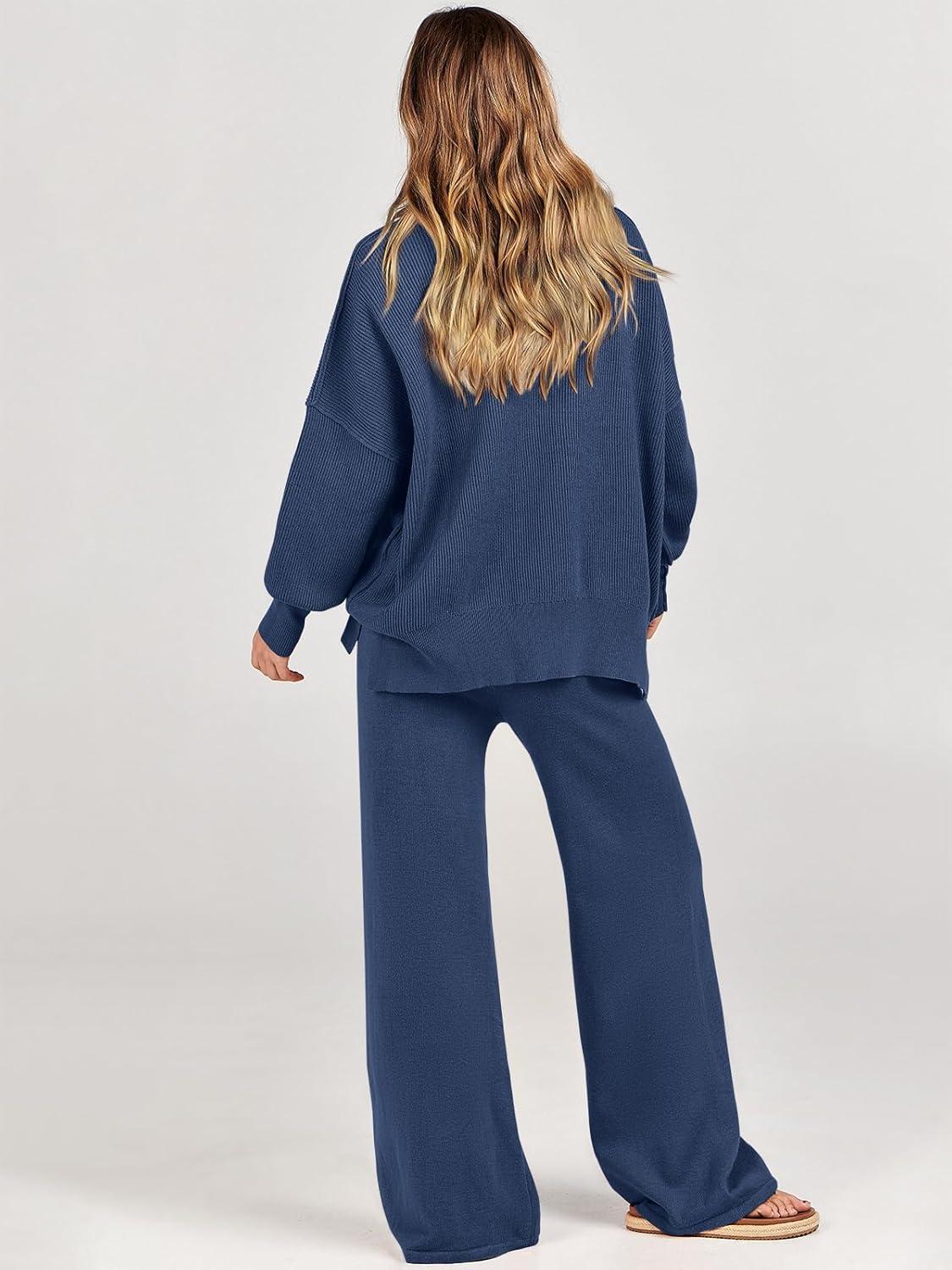 imageANRABESS Womens 2 Piece Outfits Fall Lounge Set 2025 Oversized Chunky Knit Sweater Top Wide Leg Pants Loungewear ClothesDusty Blue