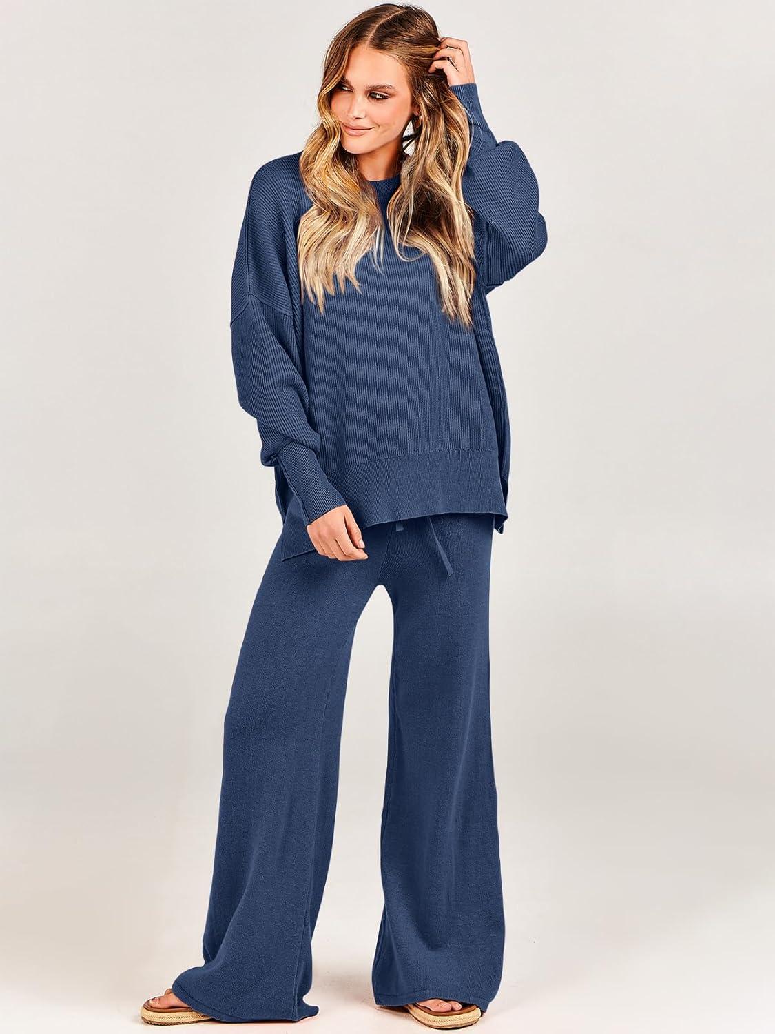 imageANRABESS Womens 2 Piece Outfits Fall Lounge Set 2025 Oversized Chunky Knit Sweater Top Wide Leg Pants Loungewear ClothesDusty Blue