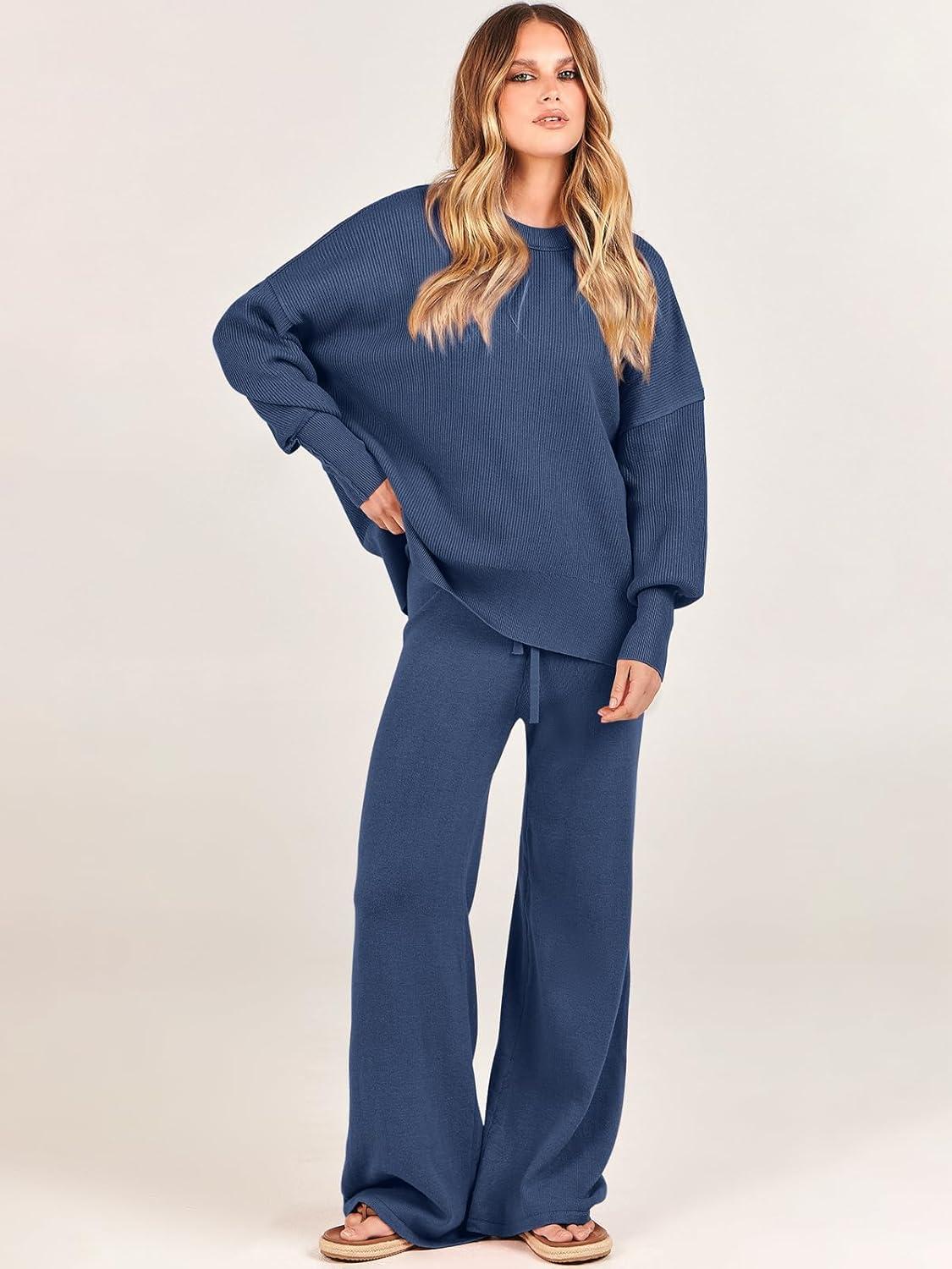 imageANRABESS Womens 2 Piece Outfits Fall Lounge Set 2025 Oversized Chunky Knit Sweater Top Wide Leg Pants Loungewear ClothesDusty Blue