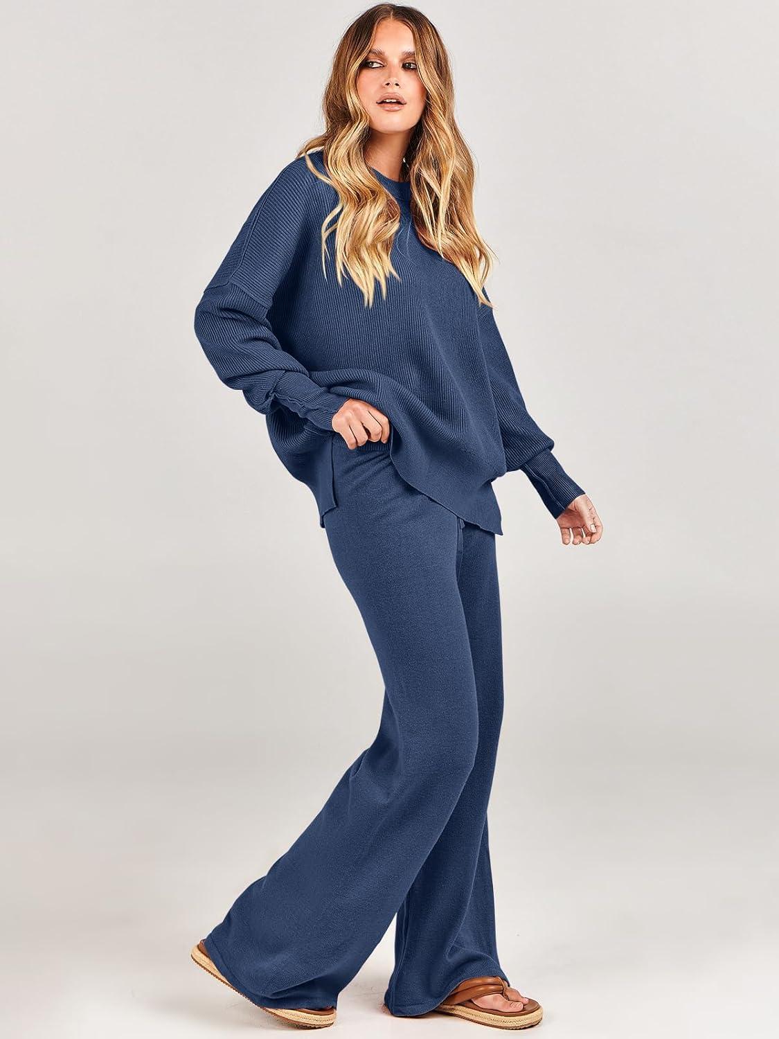 imageANRABESS Womens 2 Piece Outfits Fall Lounge Set 2025 Oversized Chunky Knit Sweater Top Wide Leg Pants Loungewear ClothesDusty Blue