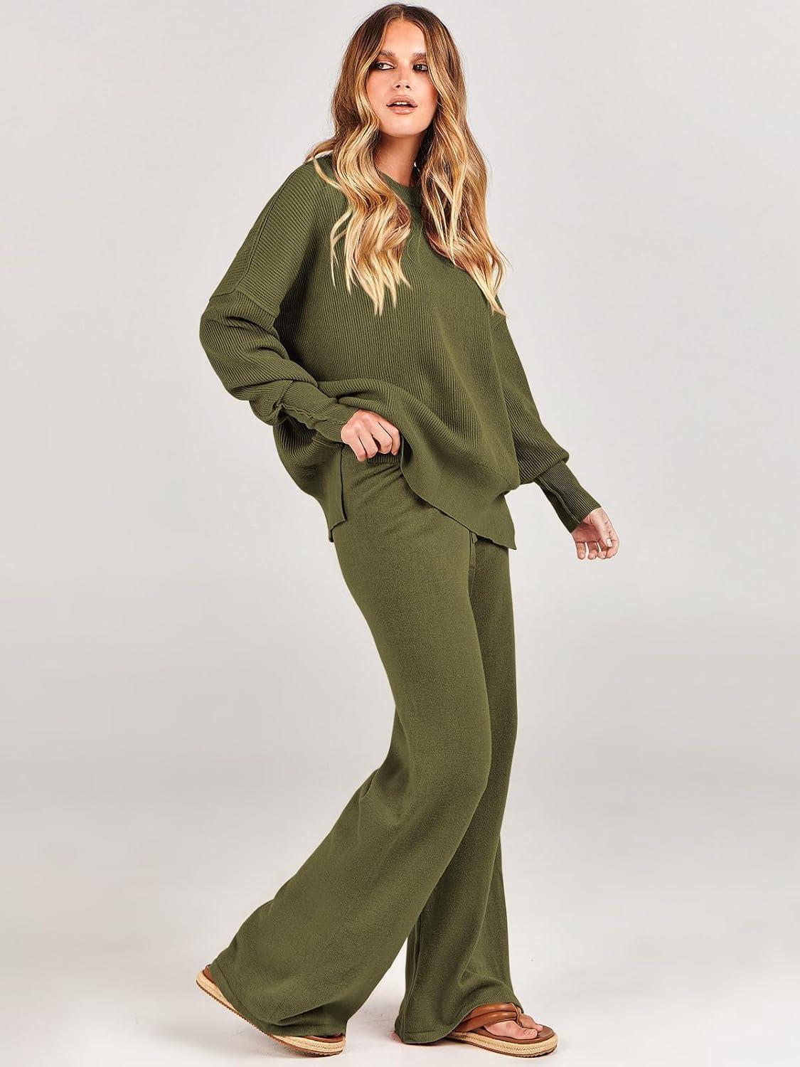 imageANRABESS Womens 2 Piece Outfits Fall Lounge Set 2025 Oversized Chunky Knit Sweater Top Wide Leg Pants Loungewear ClothesOlive