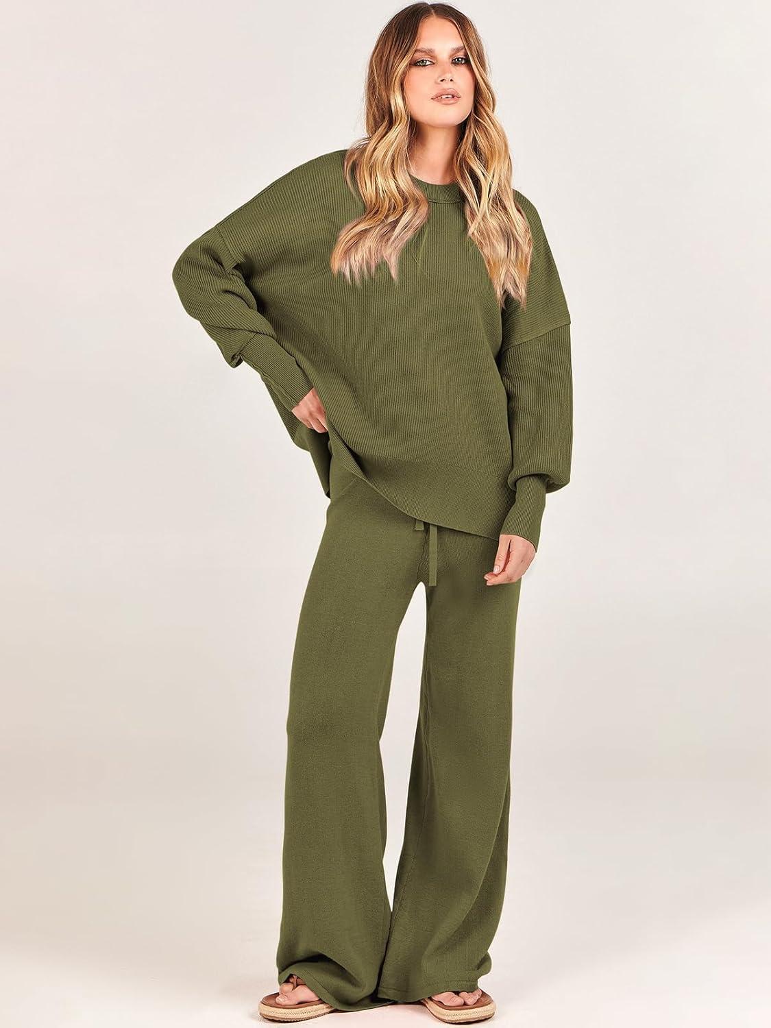 imageANRABESS Womens 2 Piece Outfits Fall Lounge Set 2025 Oversized Chunky Knit Sweater Top Wide Leg Pants Loungewear ClothesOlive