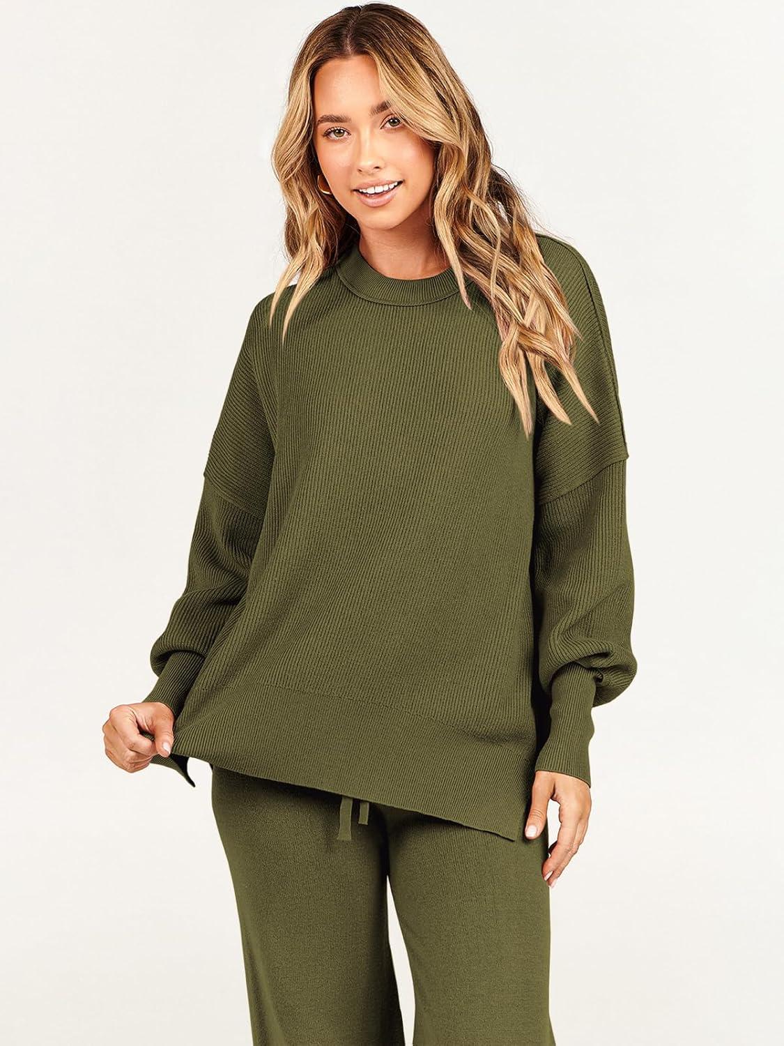 imageANRABESS Womens 2 Piece Outfits Fall Lounge Set 2025 Oversized Chunky Knit Sweater Top Wide Leg Pants Loungewear ClothesOlive