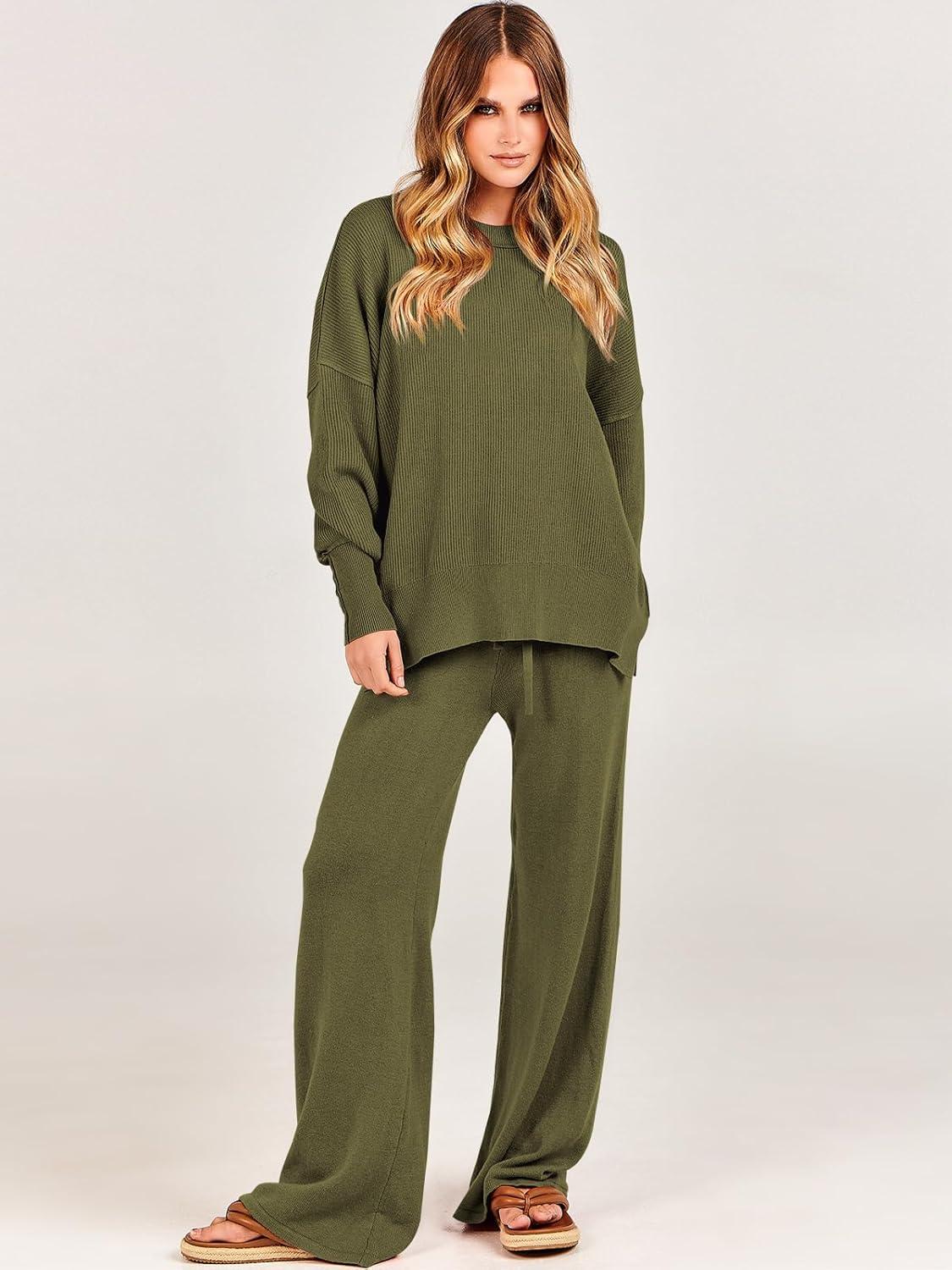 imageANRABESS Womens 2 Piece Outfits Fall Lounge Set 2025 Oversized Chunky Knit Sweater Top Wide Leg Pants Loungewear ClothesOlive