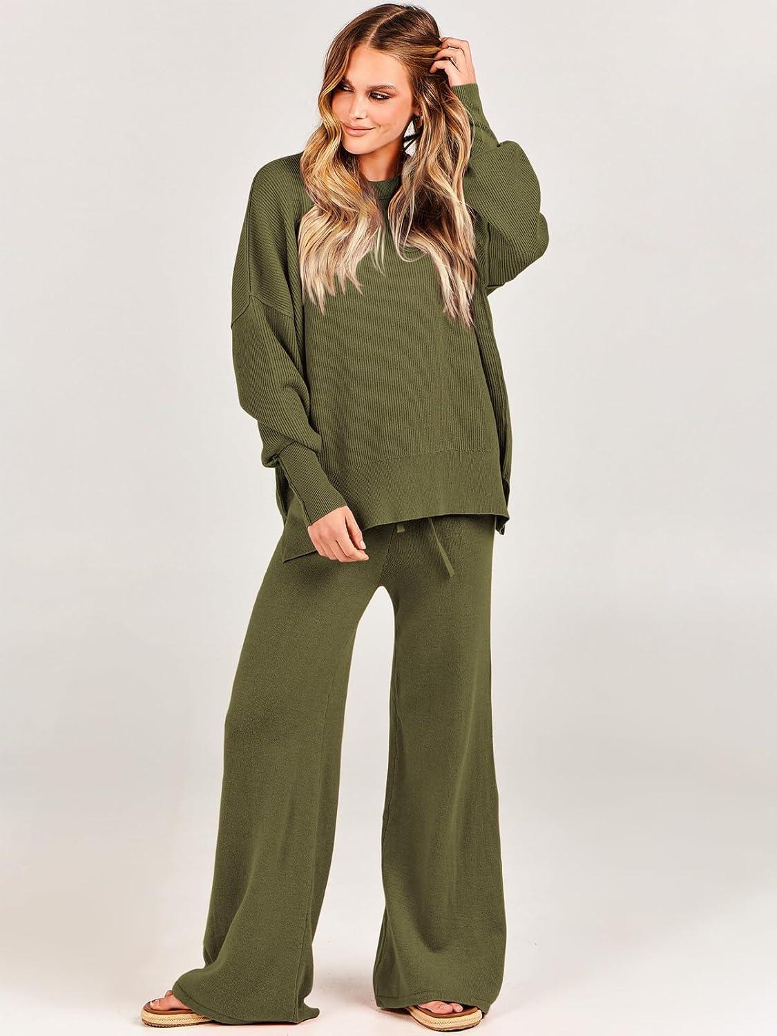 imageANRABESS Womens 2 Piece Outfits Fall Lounge Set 2025 Oversized Chunky Knit Sweater Top Wide Leg Pants Loungewear ClothesOlive