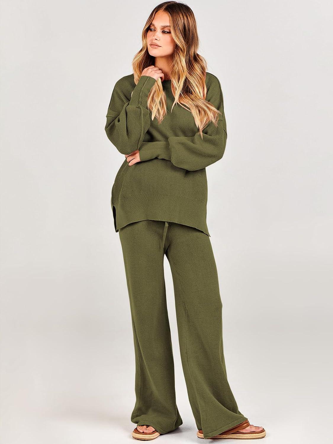 imageANRABESS Womens 2 Piece Outfits Fall Lounge Set 2025 Oversized Chunky Knit Sweater Top Wide Leg Pants Loungewear ClothesOlive