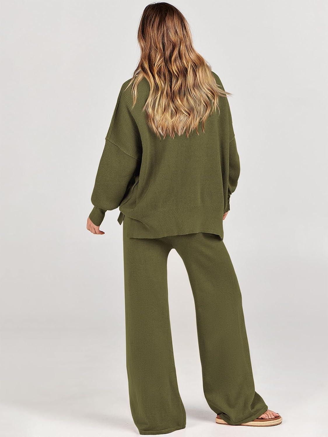 imageANRABESS Womens 2 Piece Outfits Fall Lounge Set 2025 Oversized Chunky Knit Sweater Top Wide Leg Pants Loungewear ClothesOlive