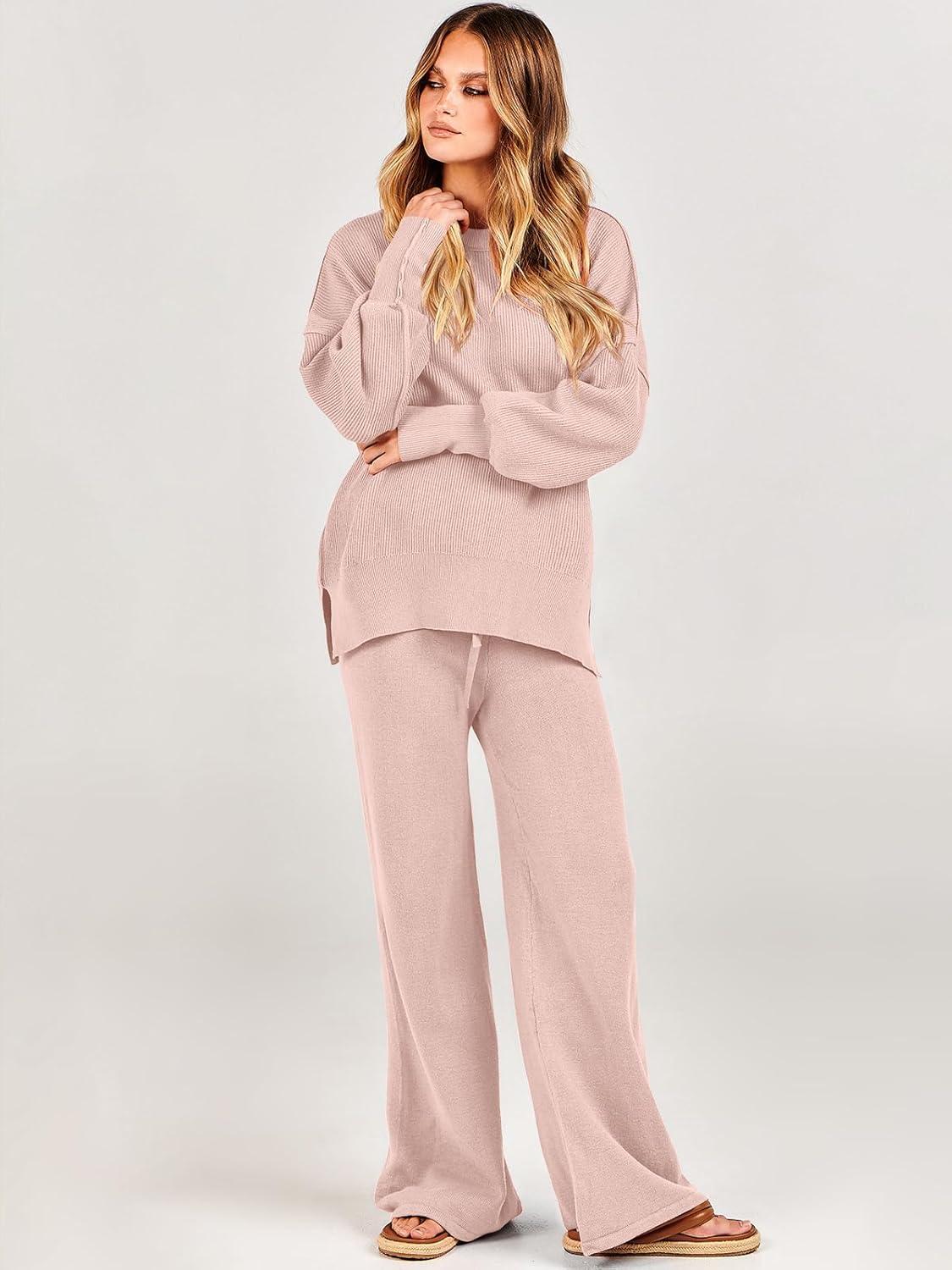 imageANRABESS Womens 2 Piece Outfits Fall Lounge Set 2025 Oversized Chunky Knit Sweater Top Wide Leg Pants Loungewear ClothesPink