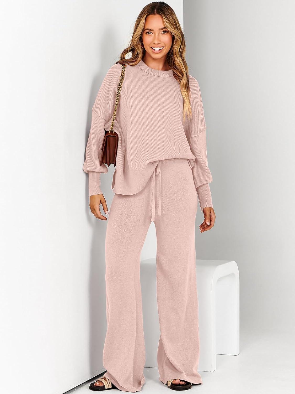 imageANRABESS Womens 2 Piece Outfits Fall Lounge Set 2025 Oversized Chunky Knit Sweater Top Wide Leg Pants Loungewear ClothesPink
