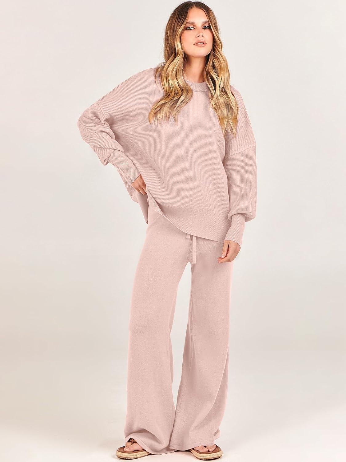 imageANRABESS Womens 2 Piece Outfits Fall Lounge Set 2025 Oversized Chunky Knit Sweater Top Wide Leg Pants Loungewear ClothesPink