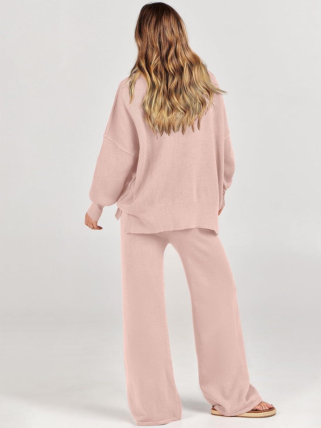 imageANRABESS Womens 2 Piece Outfits Fall Lounge Set 2025 Oversized Chunky Knit Sweater Top Wide Leg Pants Loungewear ClothesPink