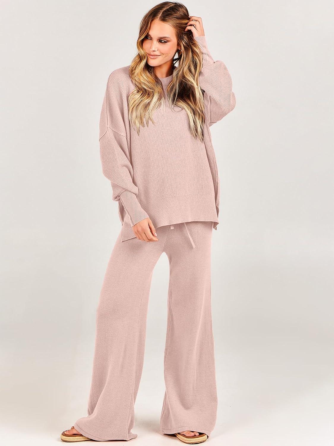 imageANRABESS Womens 2 Piece Outfits Fall Lounge Set 2025 Oversized Chunky Knit Sweater Top Wide Leg Pants Loungewear ClothesPink