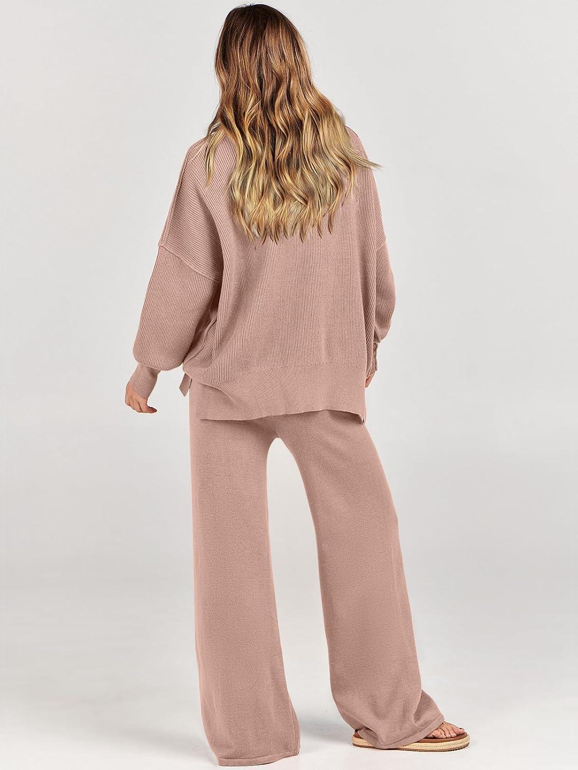 imageANRABESS Womens 2 Piece Outfits Fall Lounge Set 2025 Oversized Chunky Knit Sweater Top Wide Leg Pants Loungewear ClothesPink Apricot